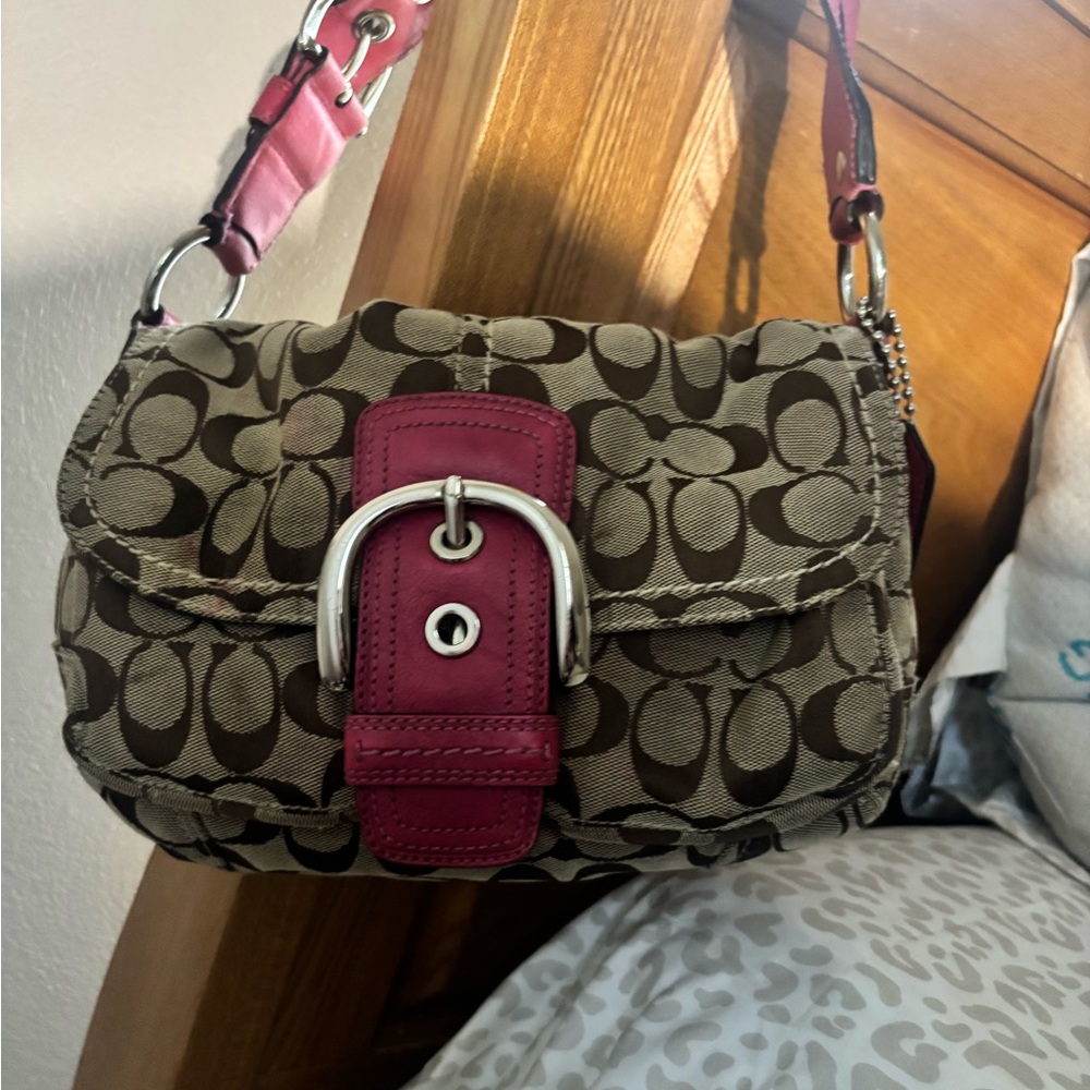 Vintage Coach Pink and Brown Shoulder Bag with Signature Design satchel.